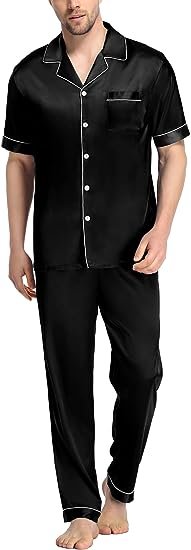 Men's Silk Satin Pajama Set Short Sleeve Classic Sleepwear Button Down Loungewear with Long Pants